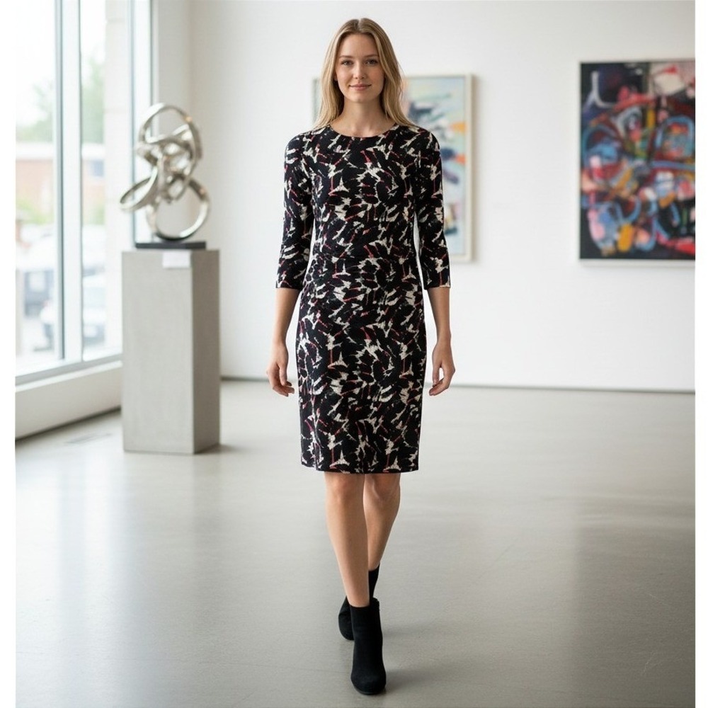 Reiss Black Red Abstract Print Ruched Sheath‎ Dress Bodycon Career Boss Size 2